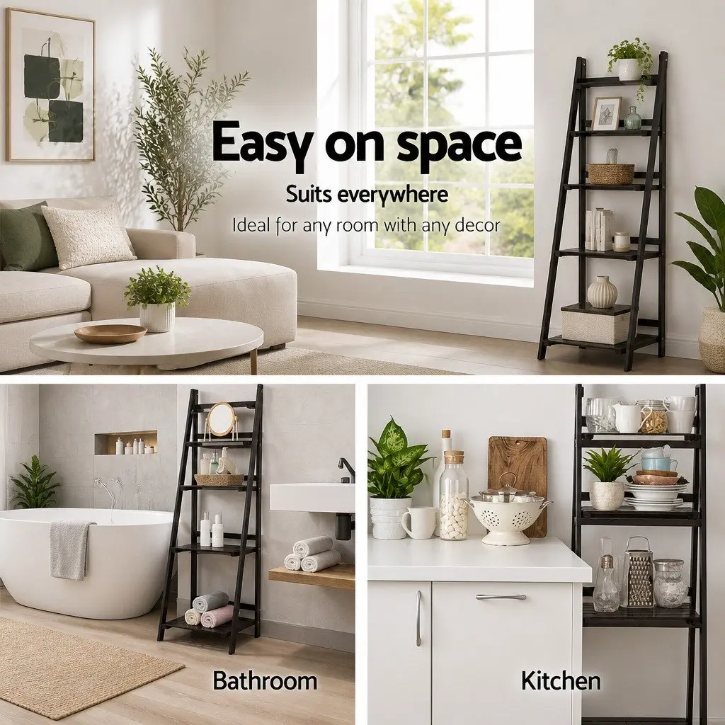 5-Tier Ladder Shelf Freestanding Corner Bookcase Storage Display Stand Coffee Paulownia Wood MDF 140cm H 44.5cm W 40cm D