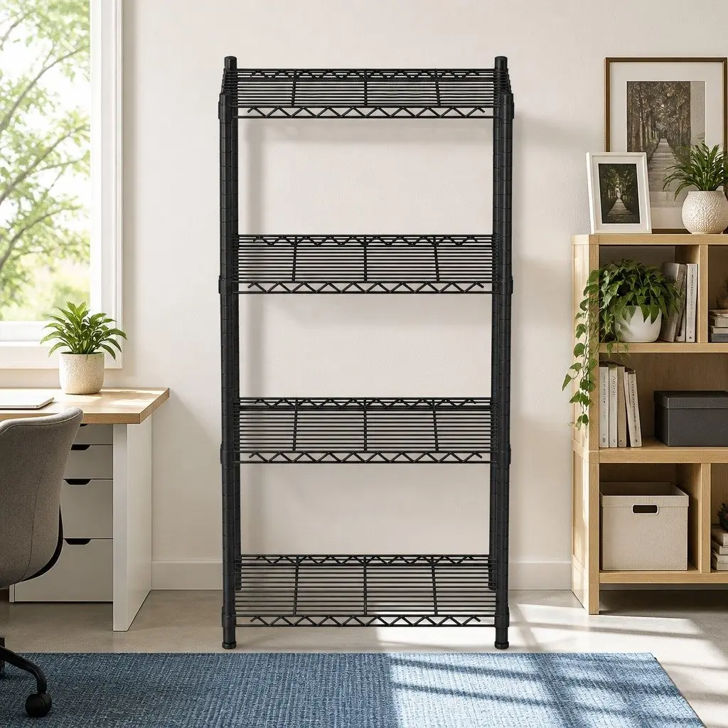 4-Tier Steel Storage Shelving Unit Adjustable Black V-Shaped Mesh Shelves
