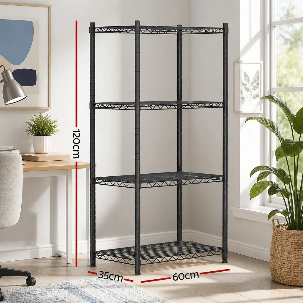 4-Tier Steel Storage Shelving Unit Adjustable Black V-Shaped Mesh Shelves