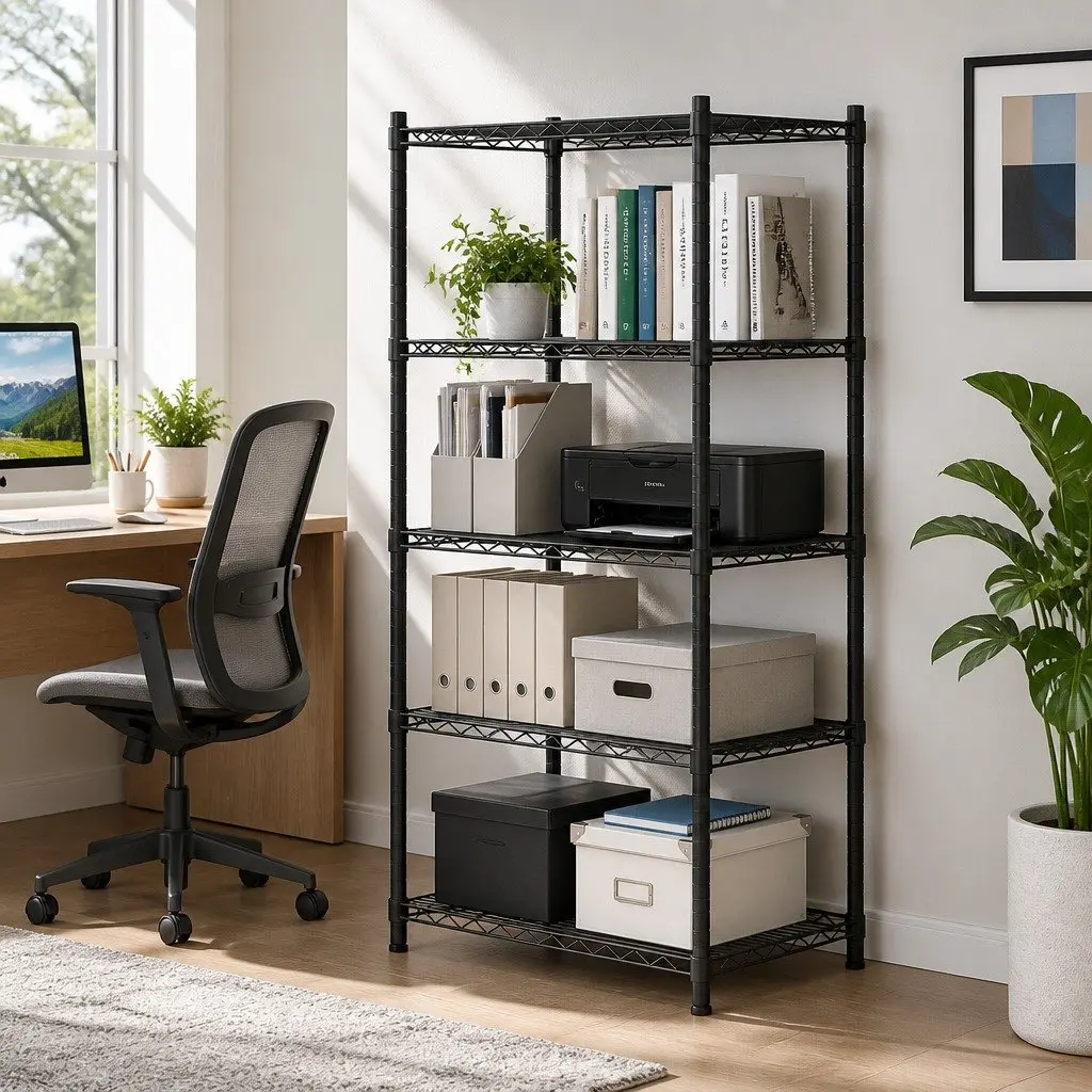 4-Tier Steel Storage Shelving Unit Adjustable Black V-Shaped Mesh Shelves