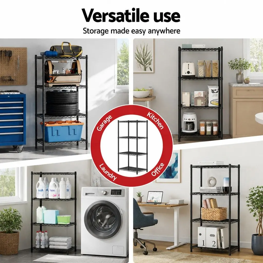 4-Tier Steel Storage Shelving Unit Adjustable Black V-Shaped Mesh Shelves