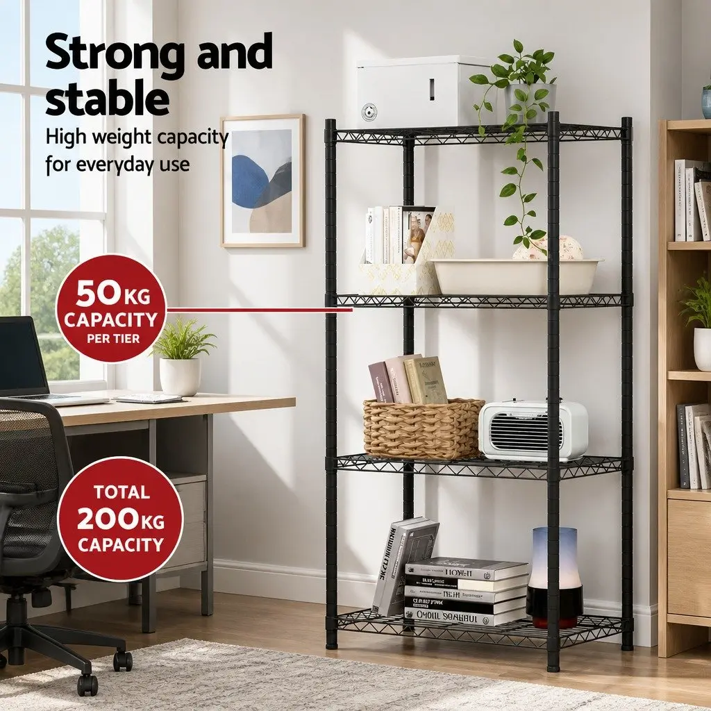 4-Tier Steel Storage Shelving Unit Adjustable Black V-Shaped Mesh Shelves