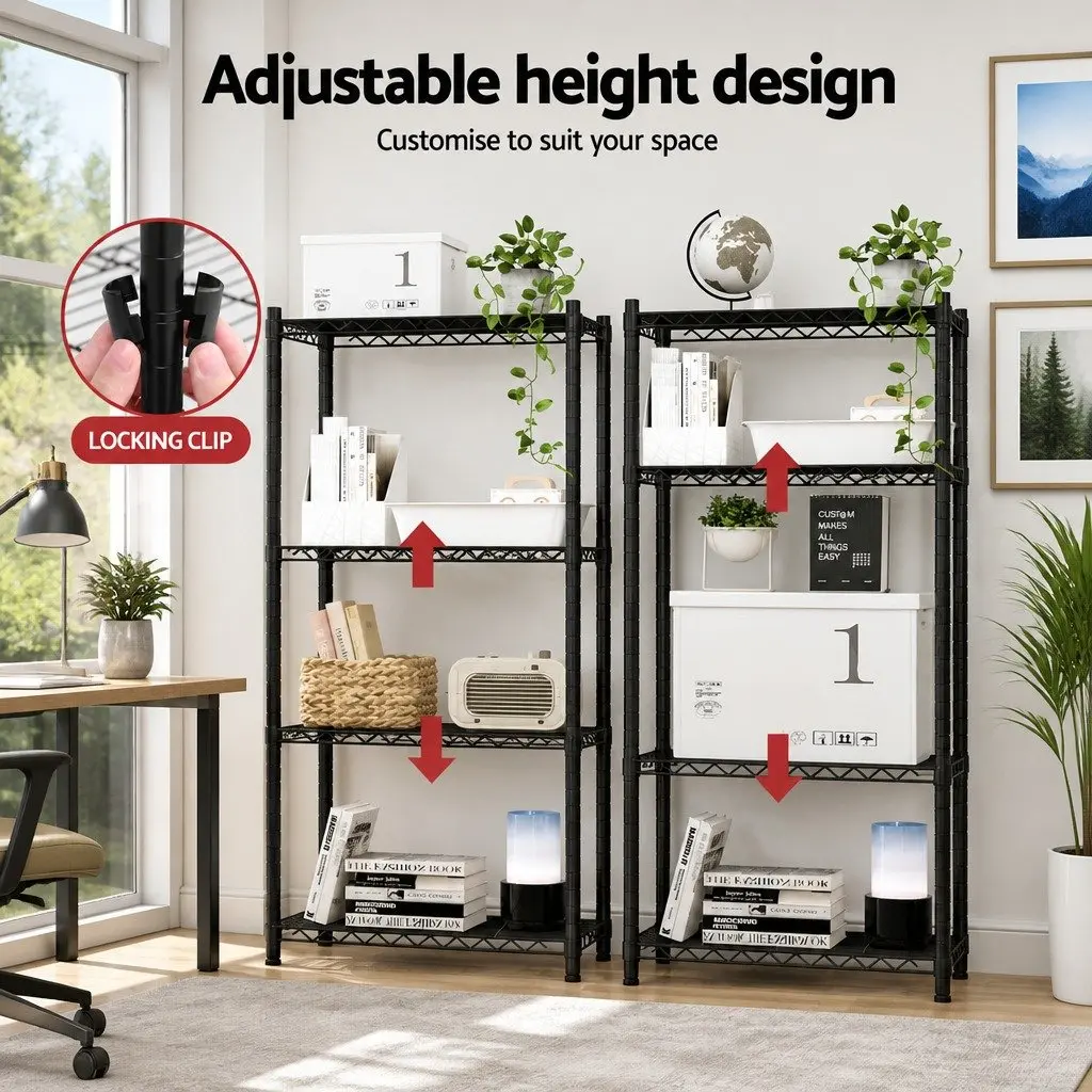 4-Tier Steel Storage Shelving Unit Adjustable Black V-Shaped Mesh Shelves