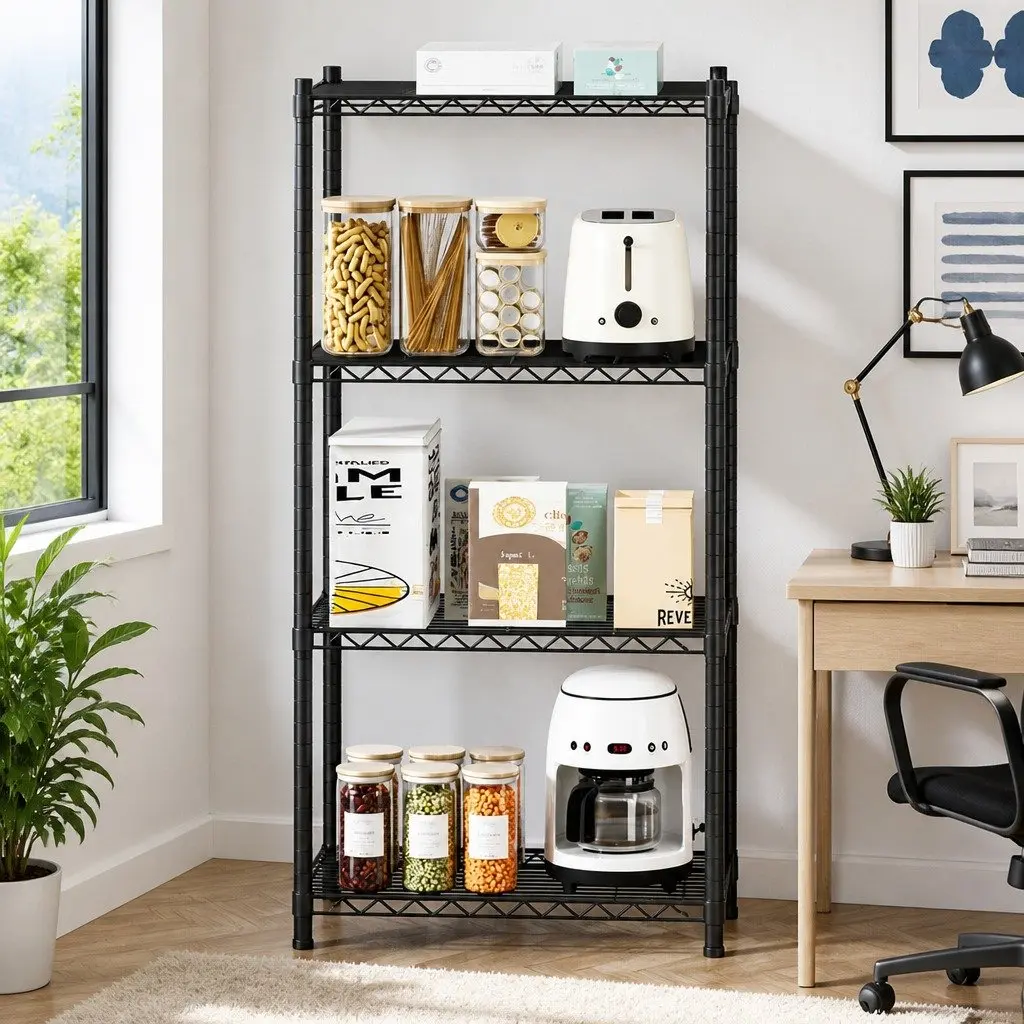 4-Tier Steel Storage Shelving Unit Adjustable Black V-Shaped Mesh Shelves
