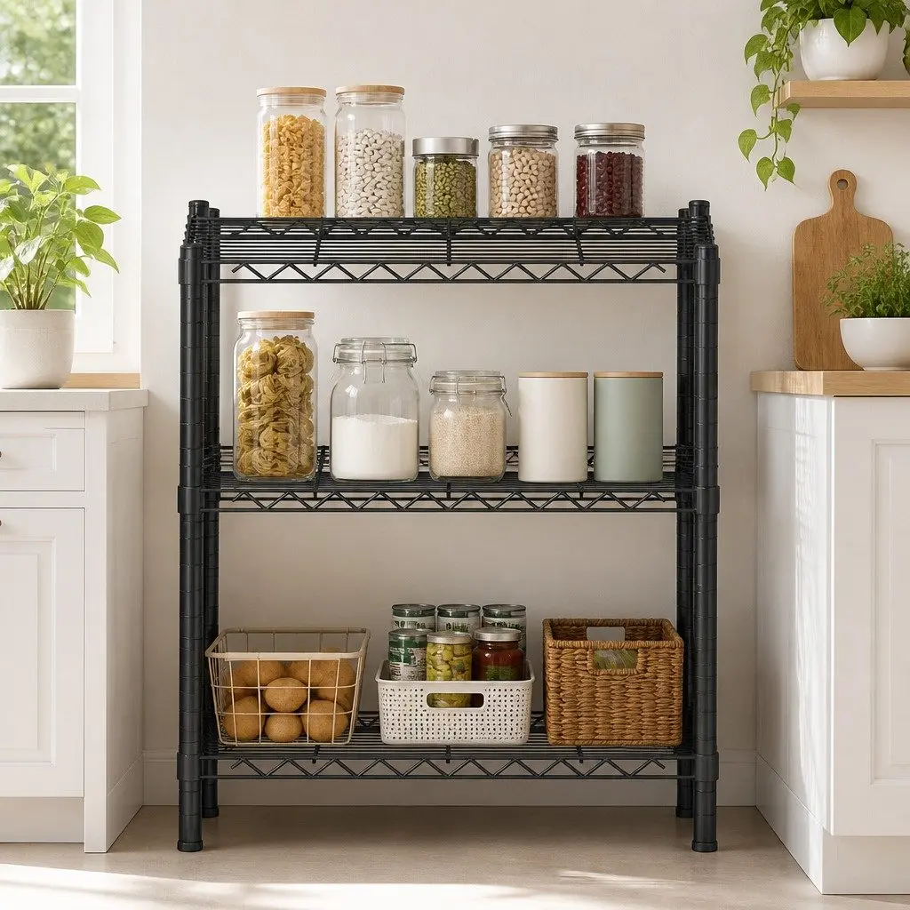 3-Tier Shelving Unit Adjustable Storage Rack Steel Black Kitchen Garage Organiser