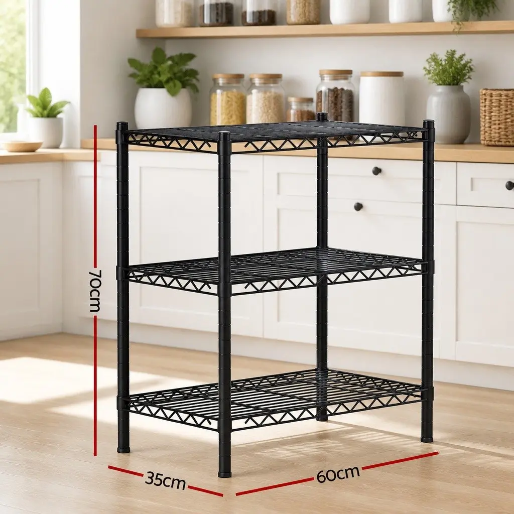 3-Tier Shelving Unit Adjustable Storage Rack Steel Black Kitchen Garage Organiser