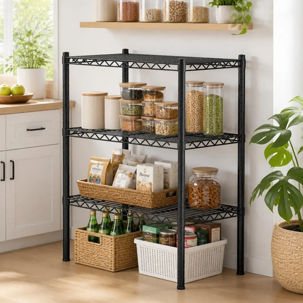 3-Tier Shelving Unit Adjustable Storage Rack Steel Black Kitchen Garage Organiser