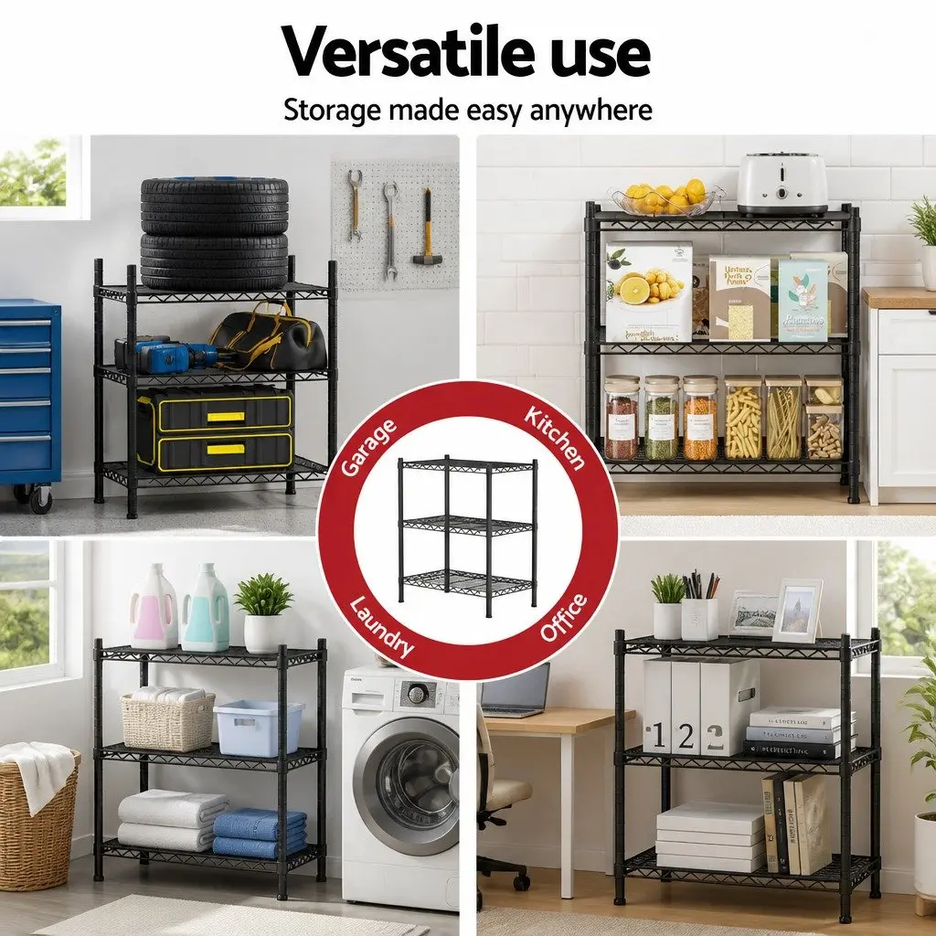 3-Tier Shelving Unit Adjustable Storage Rack Steel Black Kitchen Garage Organiser