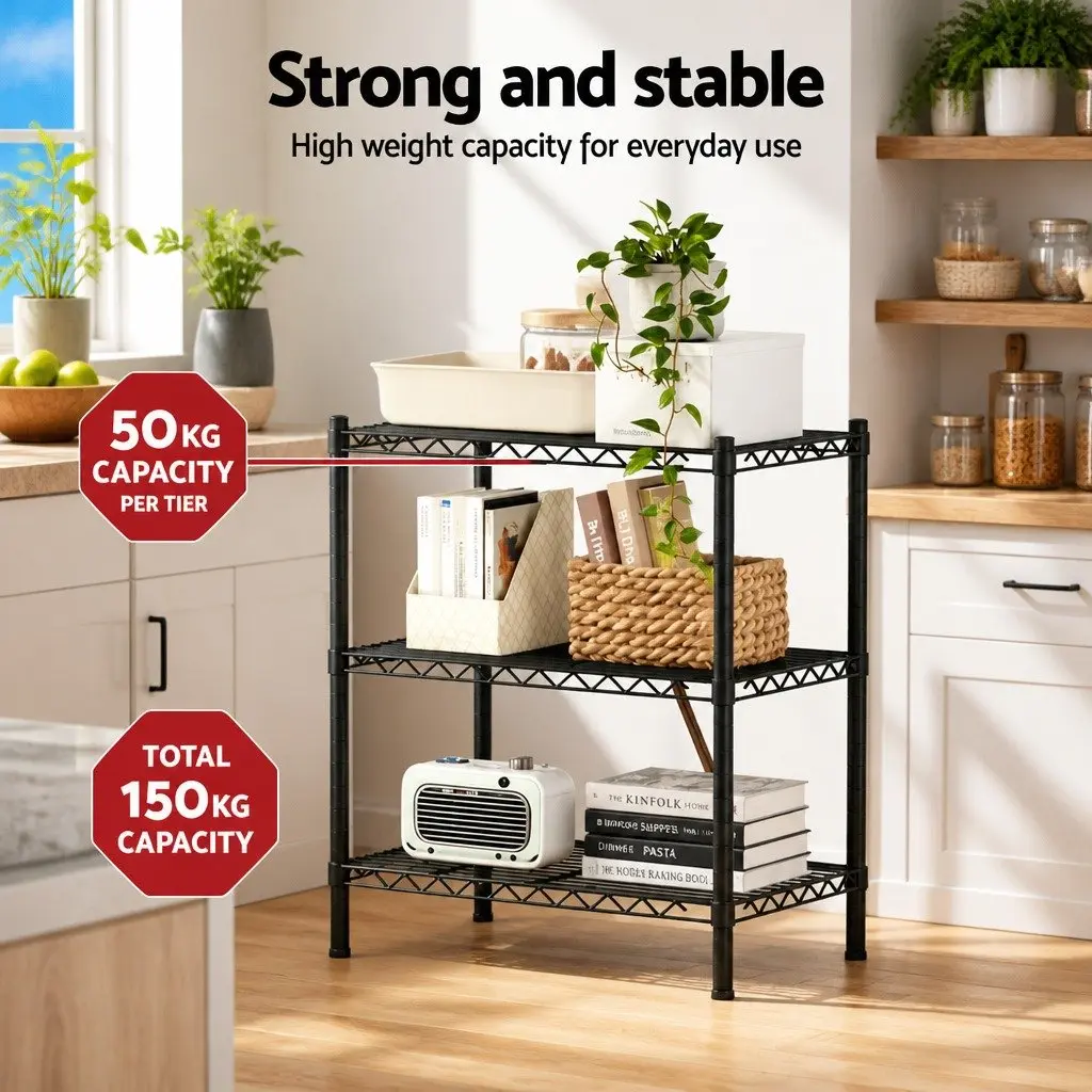 3-Tier Shelving Unit Adjustable Storage Rack Steel Black Kitchen Garage Organiser