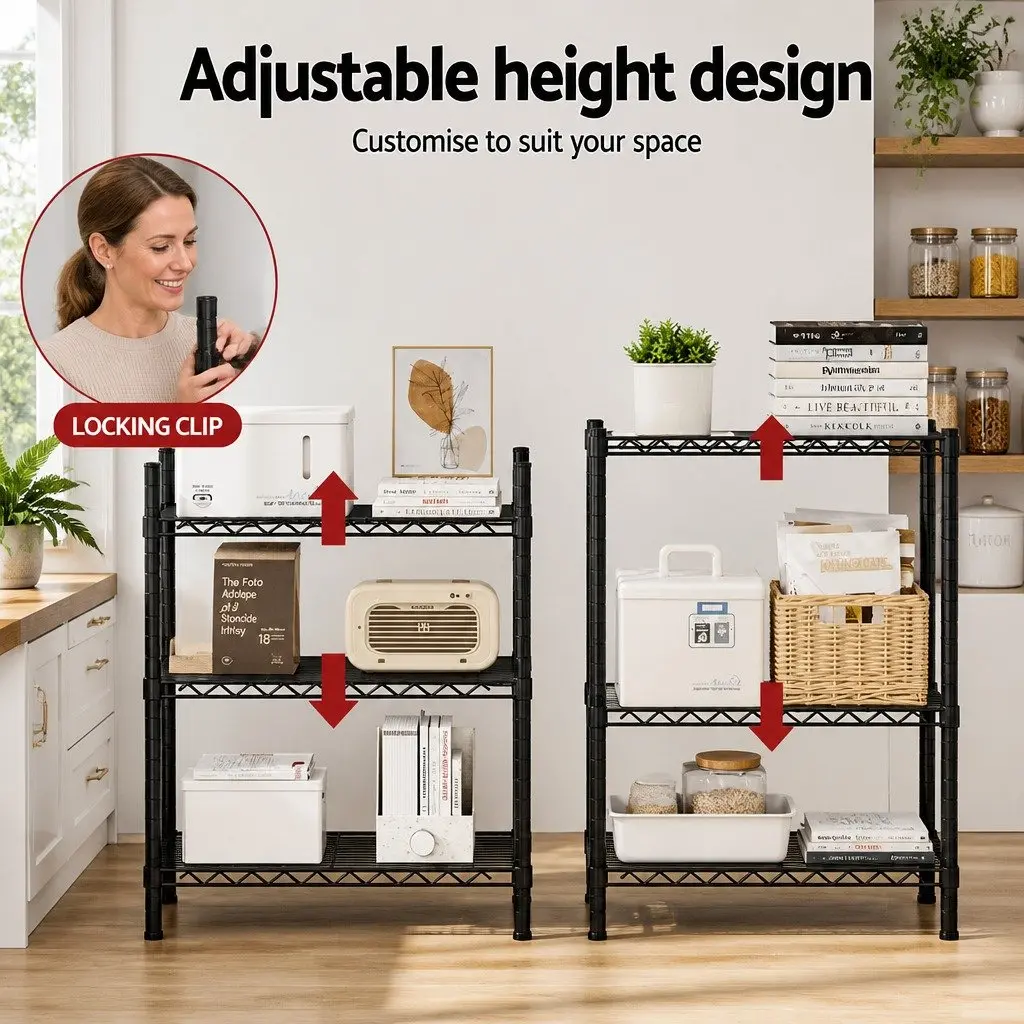 3-Tier Shelving Unit Adjustable Storage Rack Steel Black Kitchen Garage Organiser
