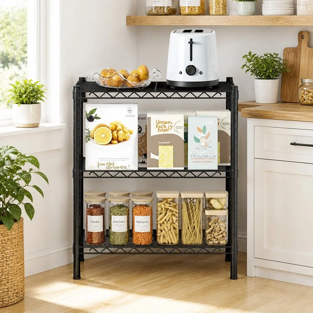 3-Tier Shelving Unit Adjustable Storage Rack Steel Black Kitchen Garage Organiser