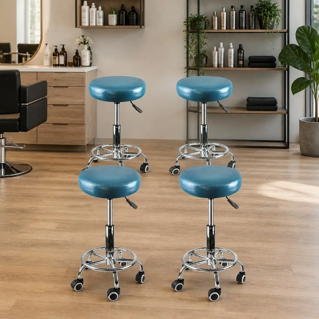 Swivel Bar Stools Height Adjustable Teal PU Leather Round Cushion Chromed Iron Frame Set of 4