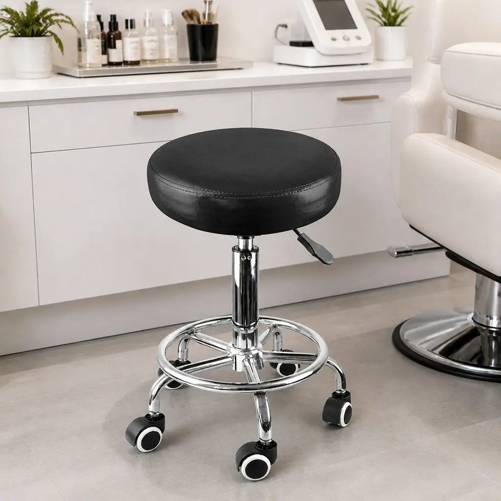 Salon Stool Swivel Bar Stool PU Leather High Density Foam Seat 35cm W 35cm D 50cm to 65cm Height Steel Frame