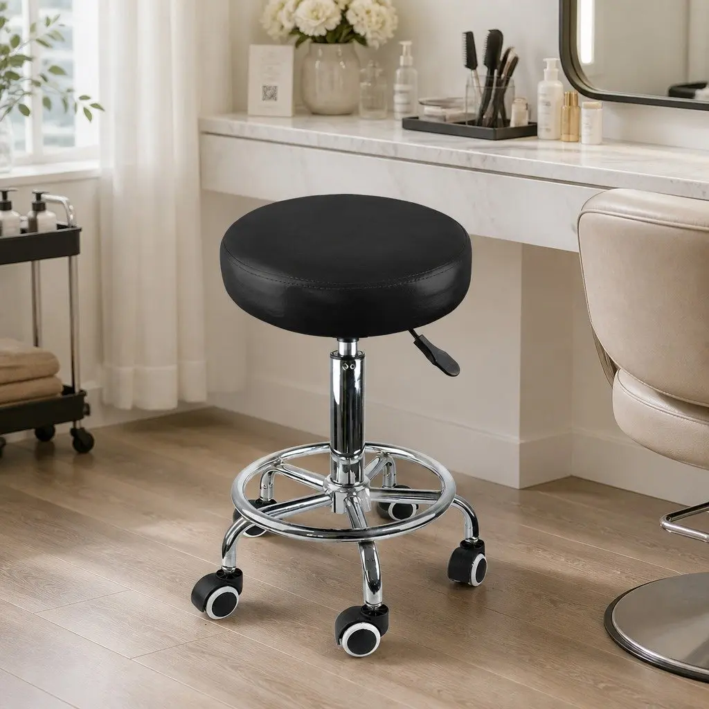 Salon Stool Swivel Bar Stool PU Leather High Density Foam Seat 35cm W 35cm D 50cm to 65cm Height Steel Frame