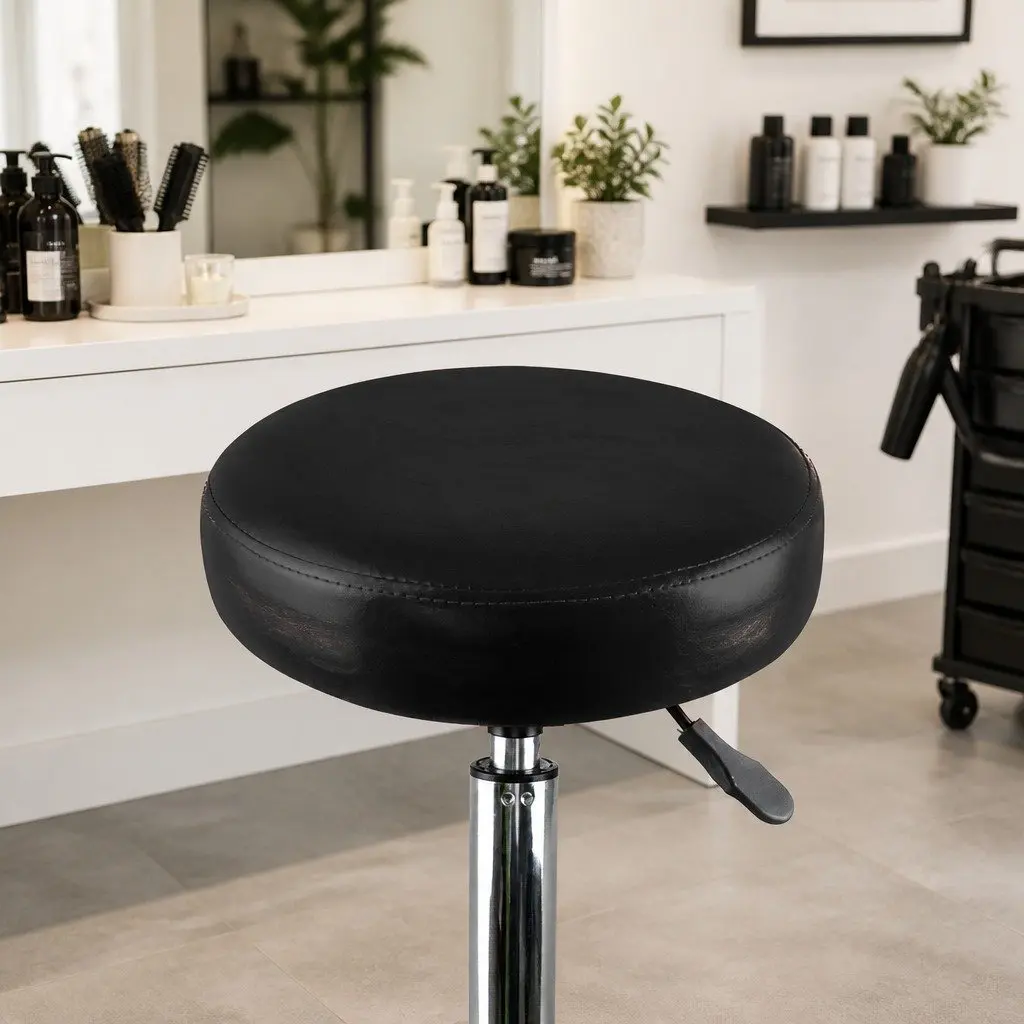 Salon Stool Swivel Bar Stool PU Leather High Density Foam Seat 35cm W 35cm D 50cm to 65cm Height Steel Frame
