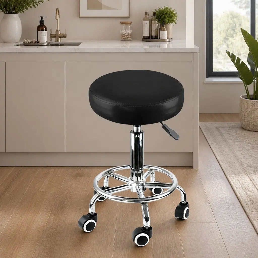 Salon Stool Swivel Bar Stool PU Leather High Density Foam Seat 35cm W 35cm D 50cm to 65cm Height Steel Frame