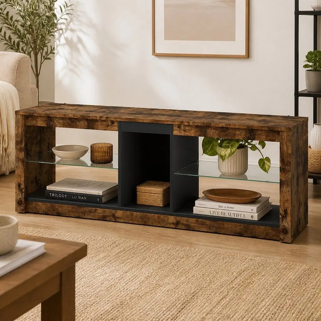 TV Stand Cabinet with Glass Display Shelves