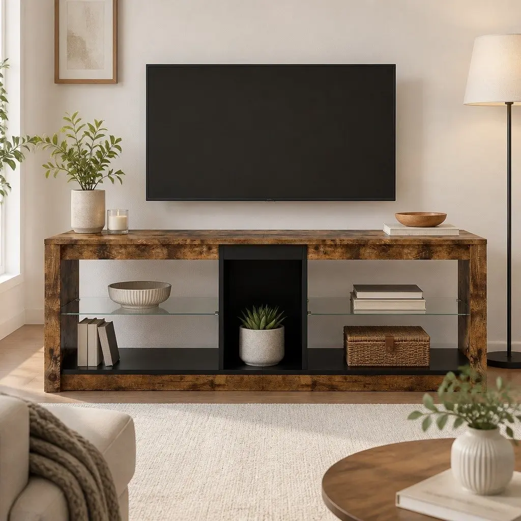 TV Stand Cabinet with Glass Display Shelves
