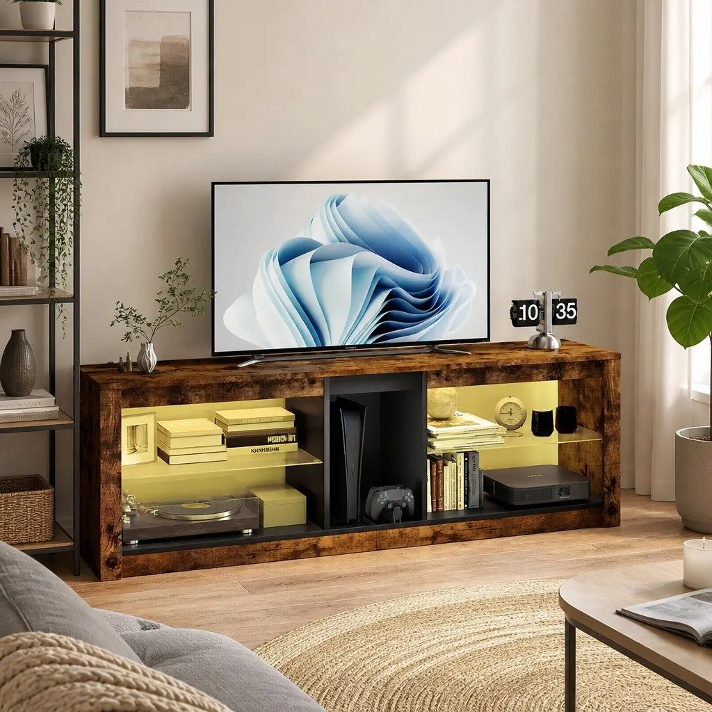 TV Stand Cabinet with Glass Display Shelves