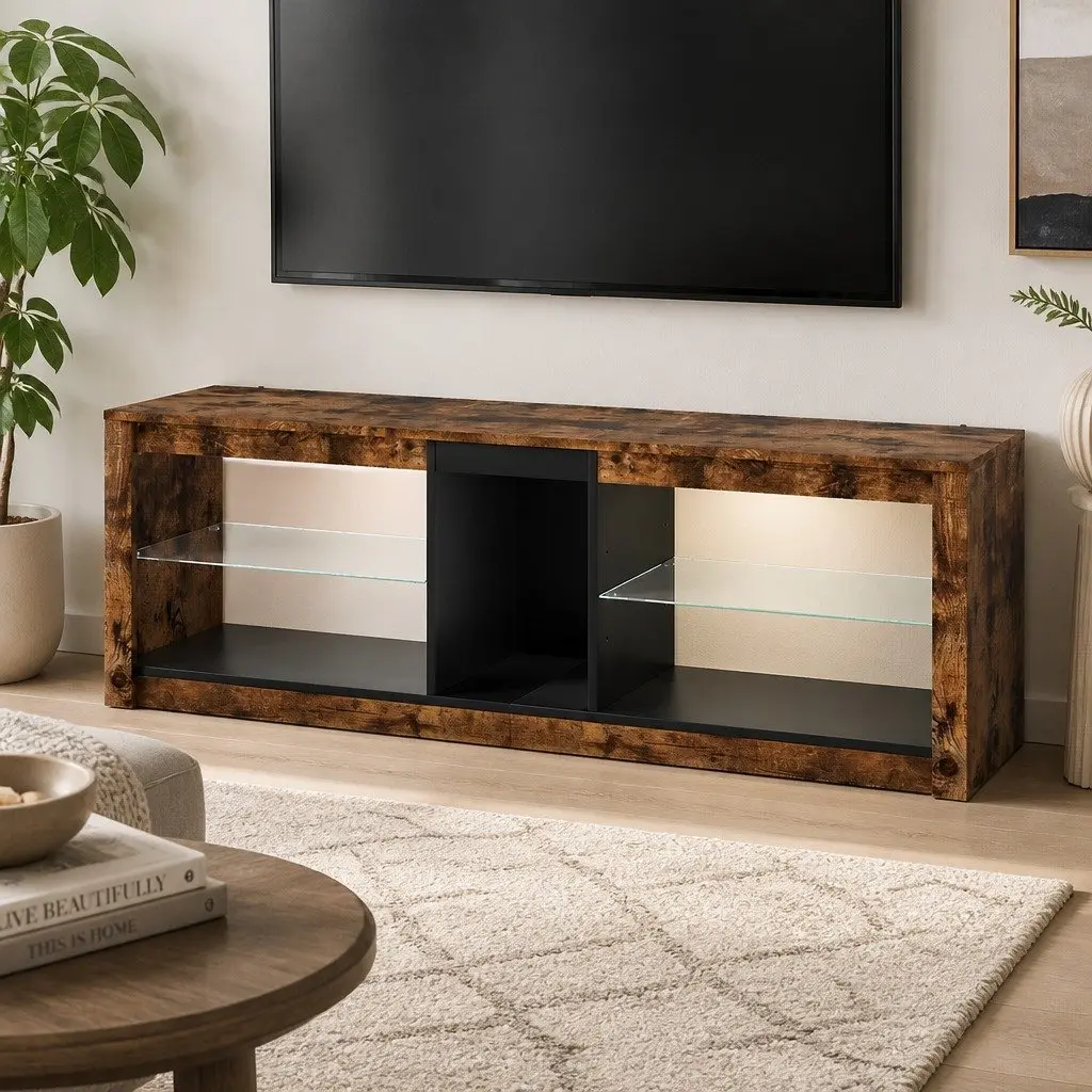 TV Stand Cabinet with Glass Display Shelves