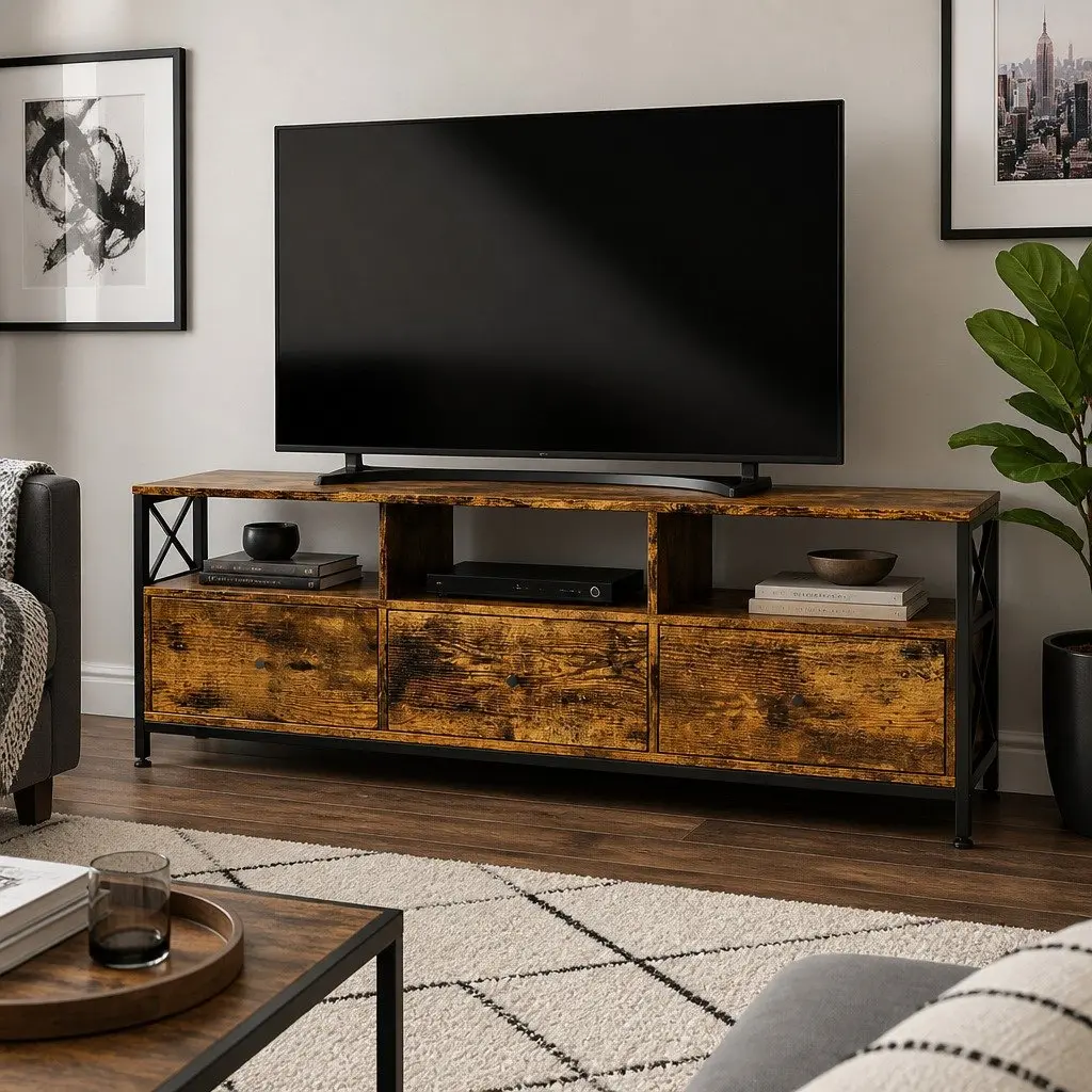 Industrial-Style TV Stand Cabinet with Drawers and Shelves