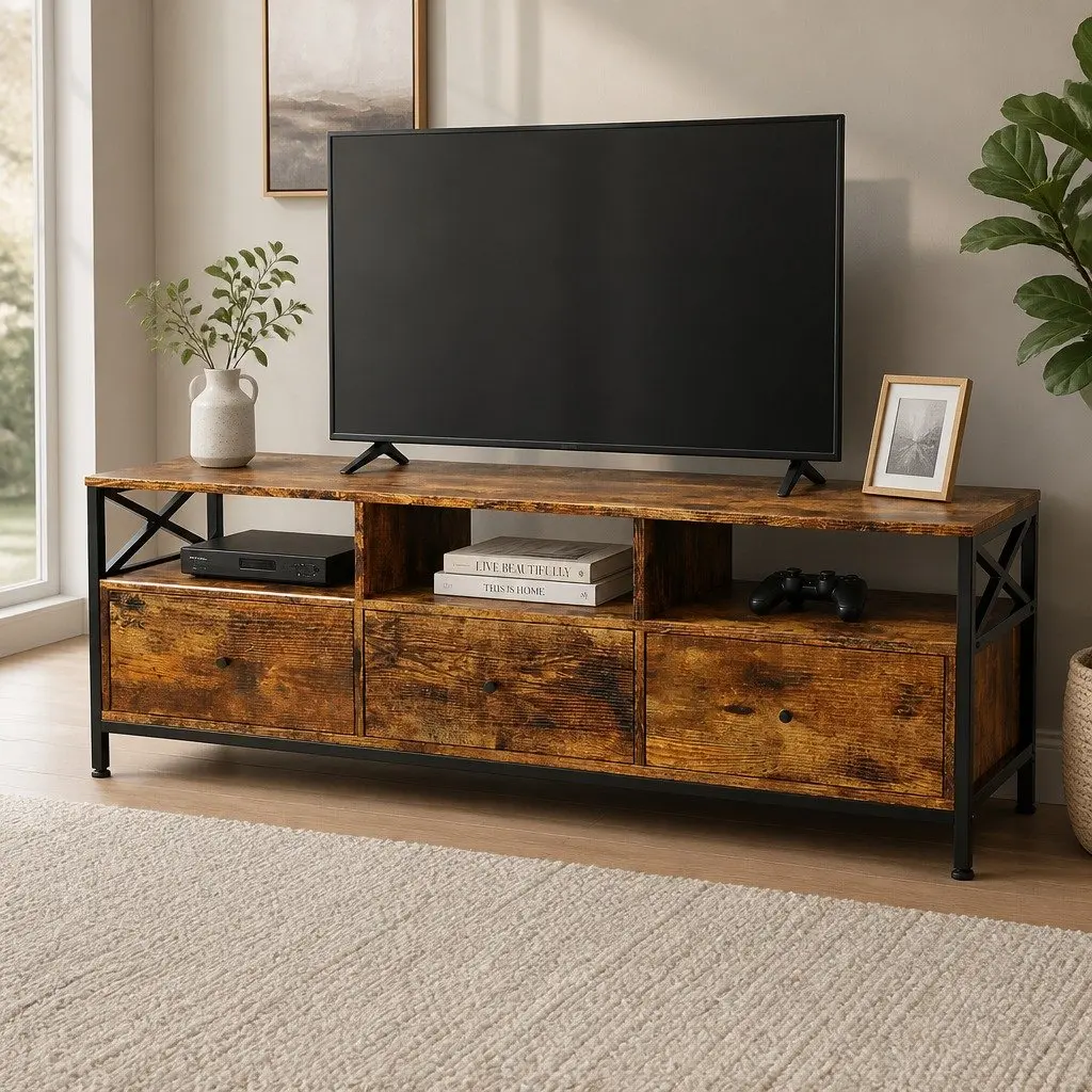 Industrial-Style TV Stand Cabinet with Drawers and Shelves