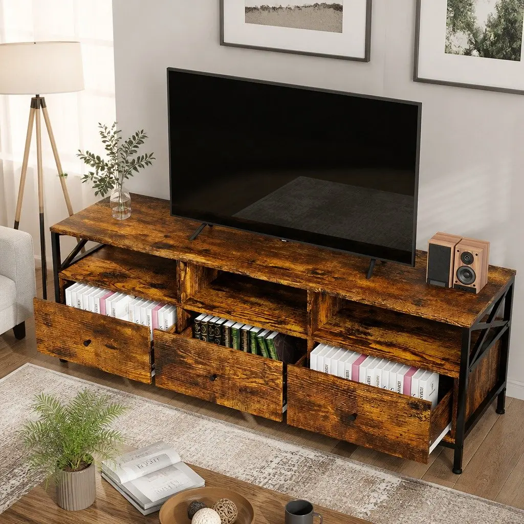 Industrial-Style TV Stand Cabinet with Drawers and Shelves