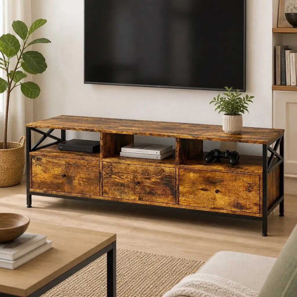 Industrial-Style TV Stand Cabinet with Drawers and Shelves