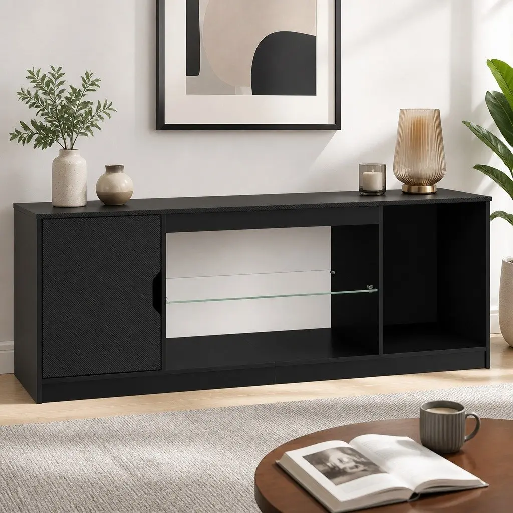 TV Stand Storage Cabinet Black LED Entertainment Unit 140cm P2 Particle Board Tempered Glass