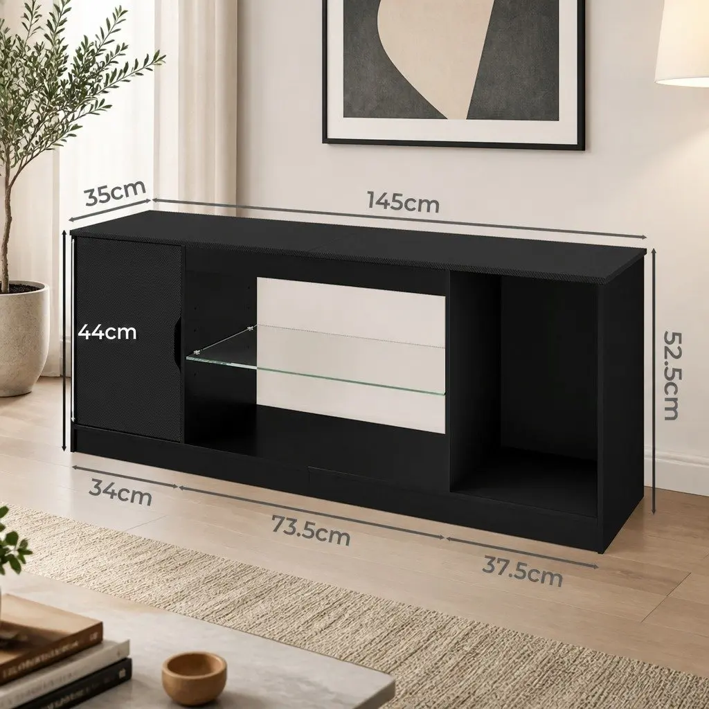 TV Stand Storage Cabinet Black LED Entertainment Unit 140cm P2 Particle Board Tempered Glass