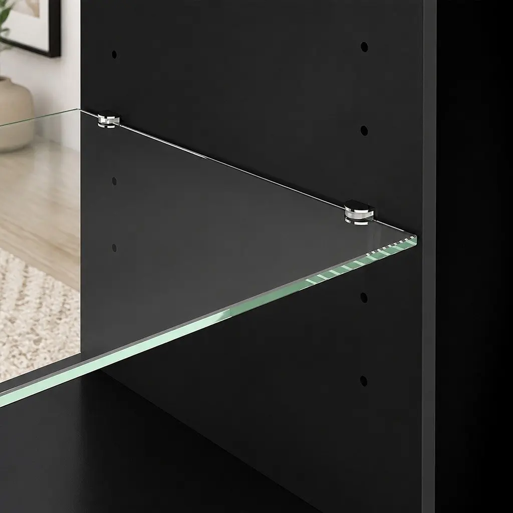 TV Stand Storage Cabinet Black LED Entertainment Unit 140cm P2 Particle Board Tempered Glass