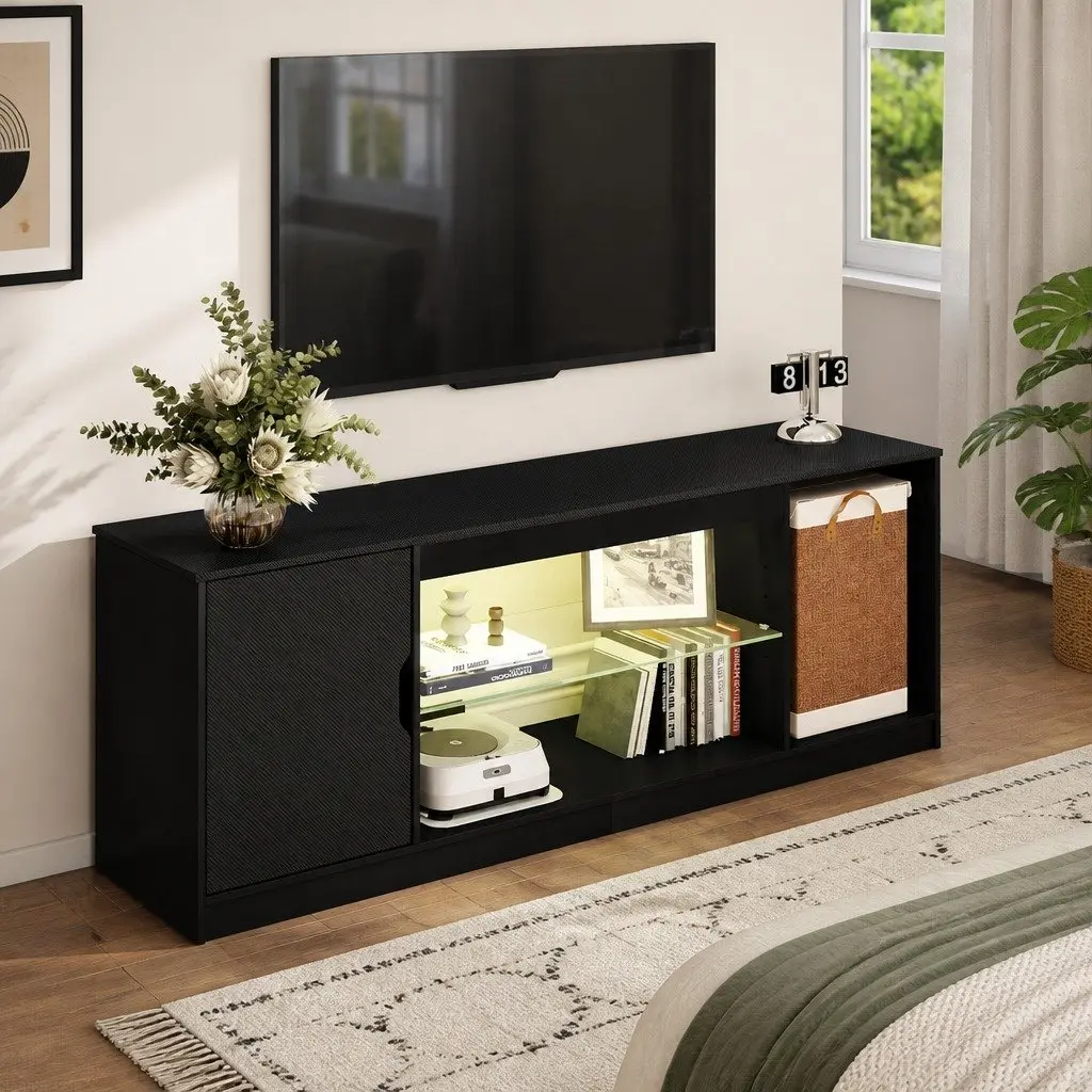 TV Stand Storage Cabinet Black LED Entertainment Unit 140cm P2 Particle Board Tempered Glass