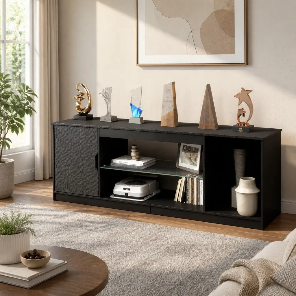 TV Stand Storage Cabinet Black LED Entertainment Unit 140cm P2 Particle Board Tempered Glass
