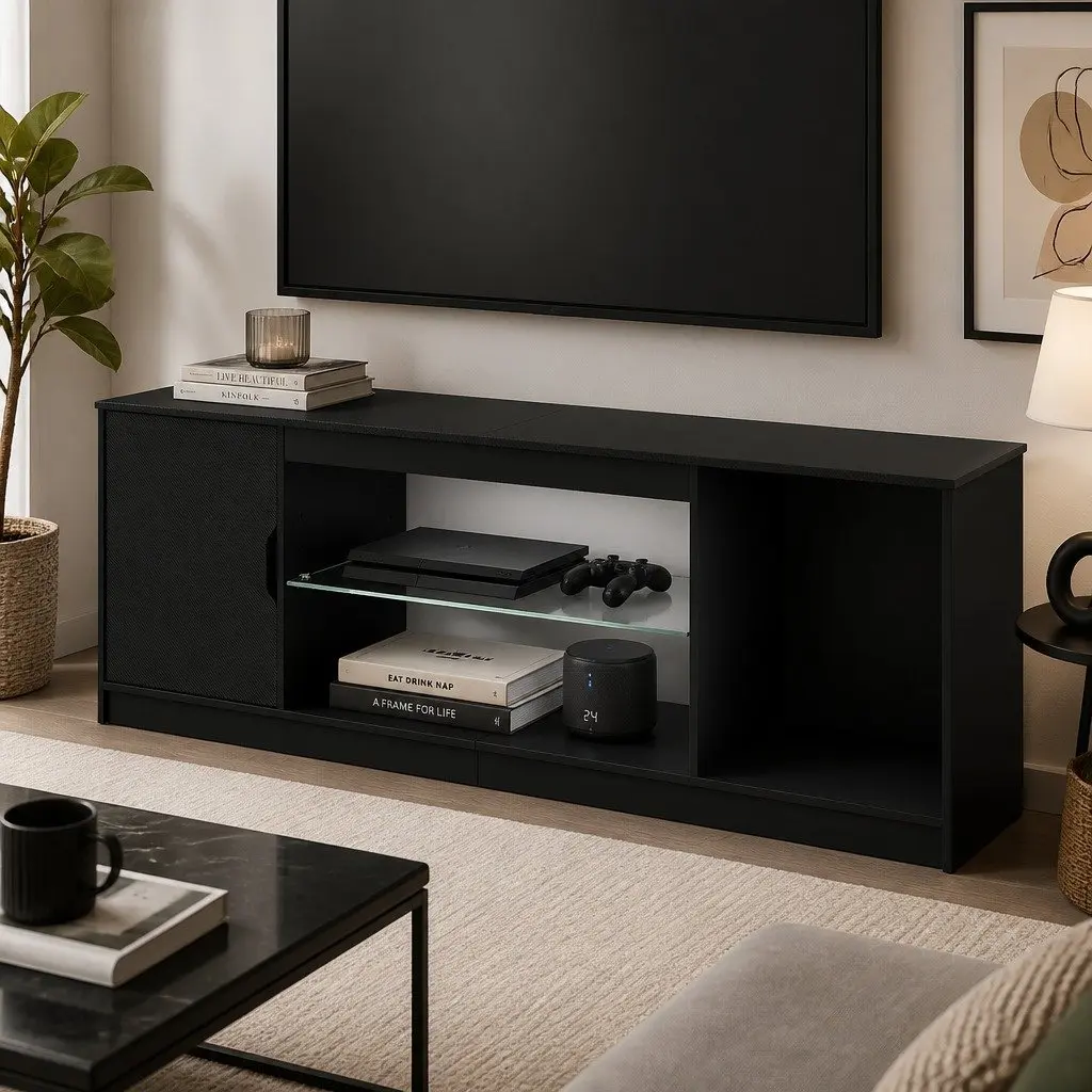 TV Stand Storage Cabinet Black LED Entertainment Unit 140cm P2 Particle Board Tempered Glass