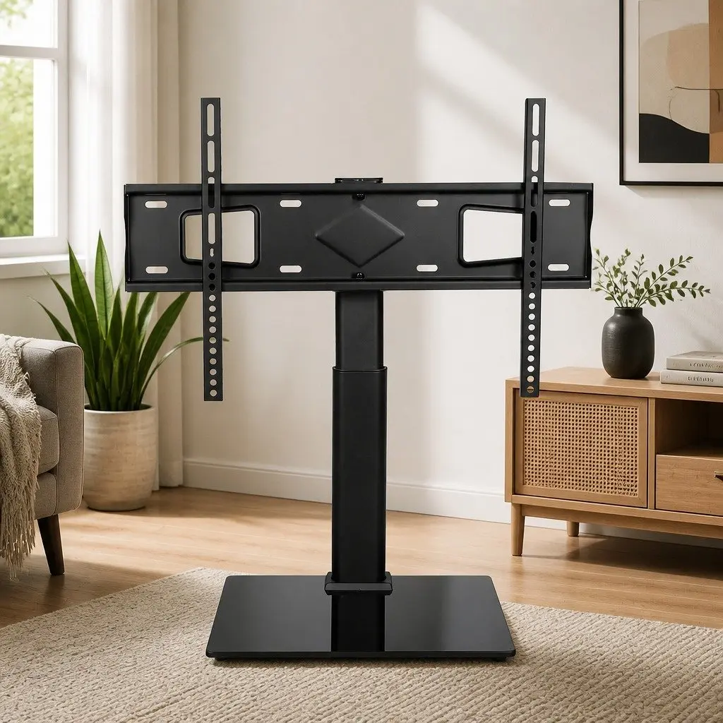 TV Stand Adjustable Height Swivel Tilt 32-75 Inch Tempered Glass Steel