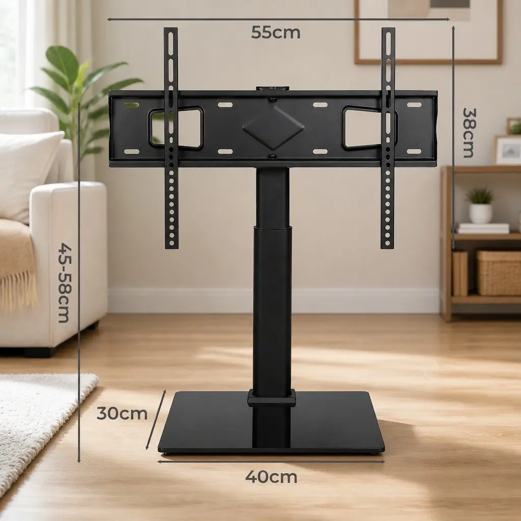 TV Stand Adjustable Height Swivel Tilt 32-75 Inch Tempered Glass Steel
