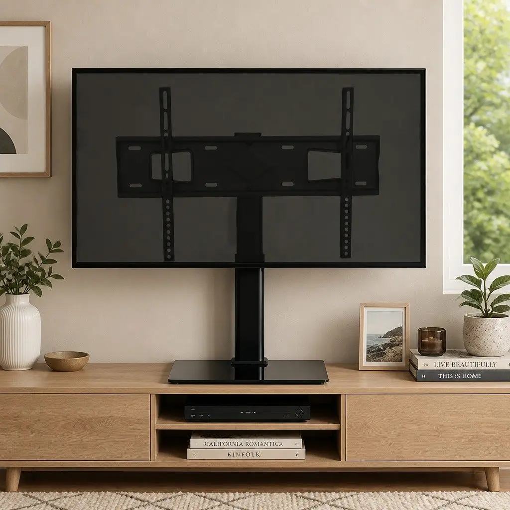TV Stand Adjustable Height Swivel Tilt 32-75 Inch Tempered Glass Steel