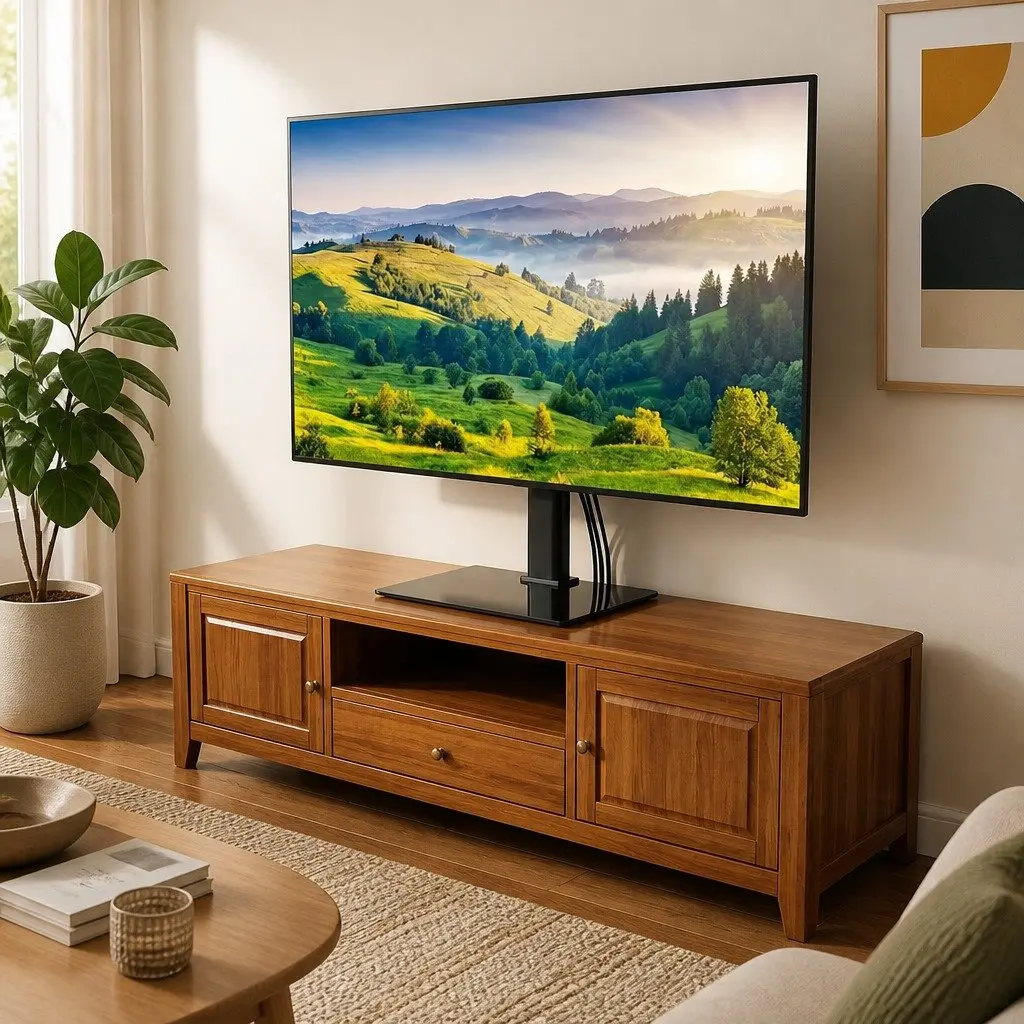 TV Stand Adjustable Height Swivel Tilt 32-75 Inch Tempered Glass Steel