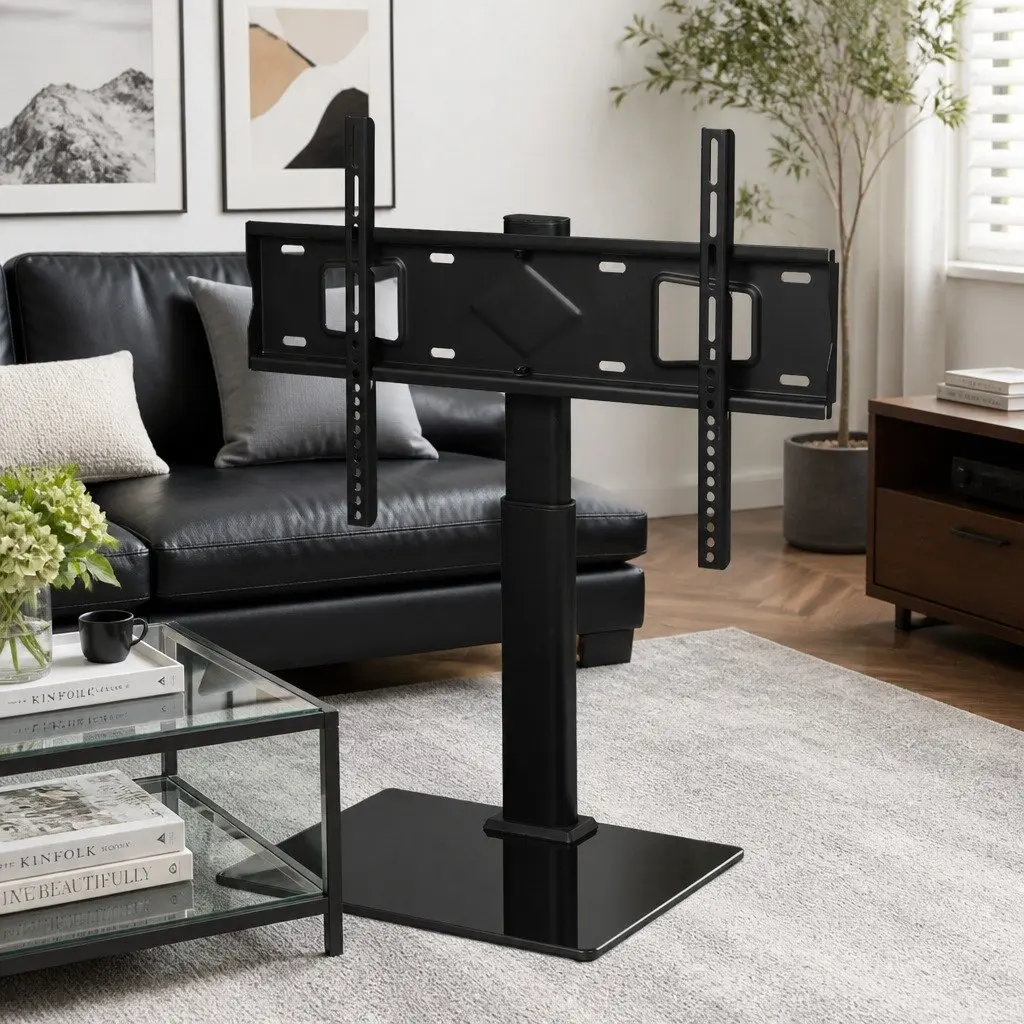 TV Stand Adjustable Height Swivel Tilt 32-75 Inch Tempered Glass Steel