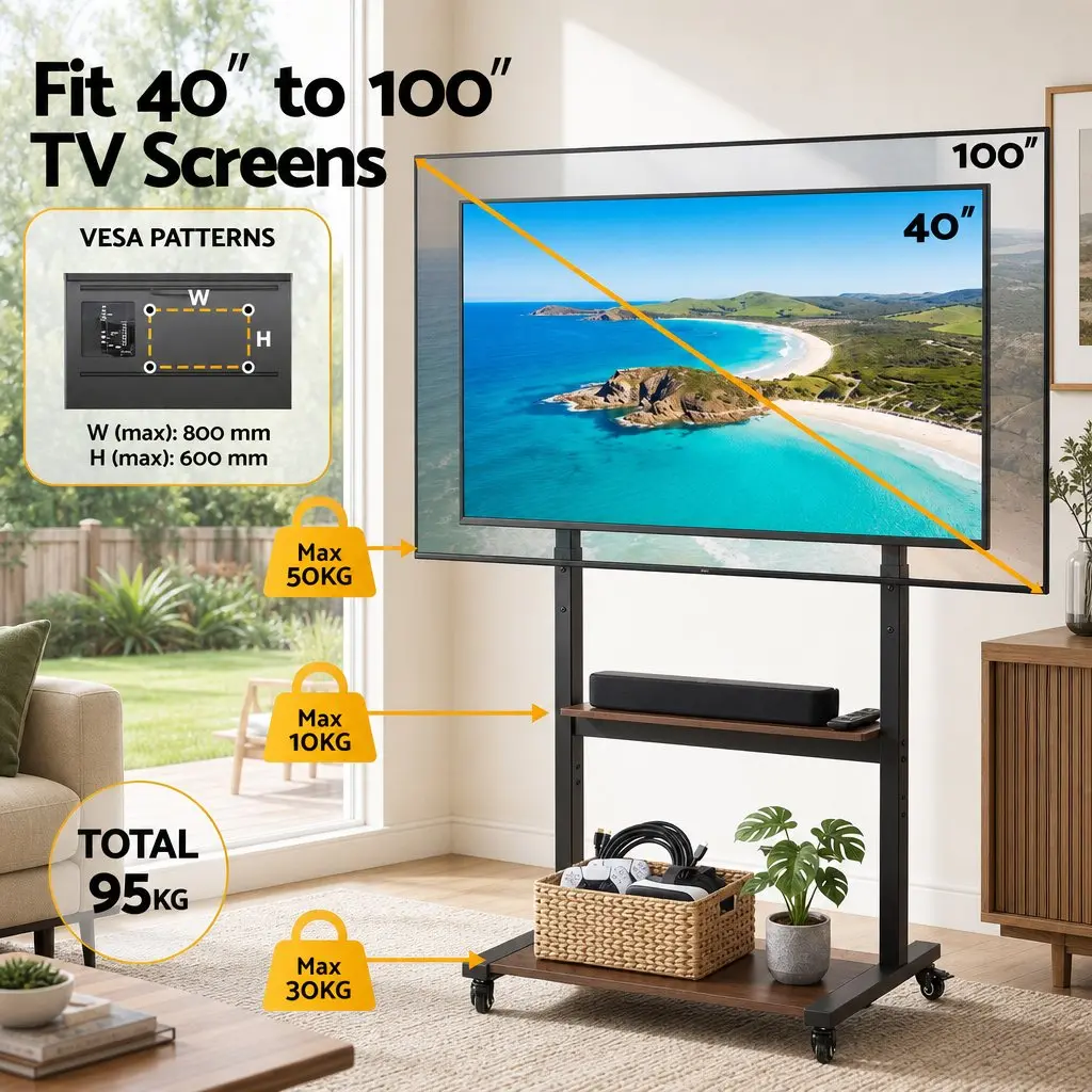 Mobile TV Stand Cart 40-100 Inch Adjustable Height Lockable Wheels Storage