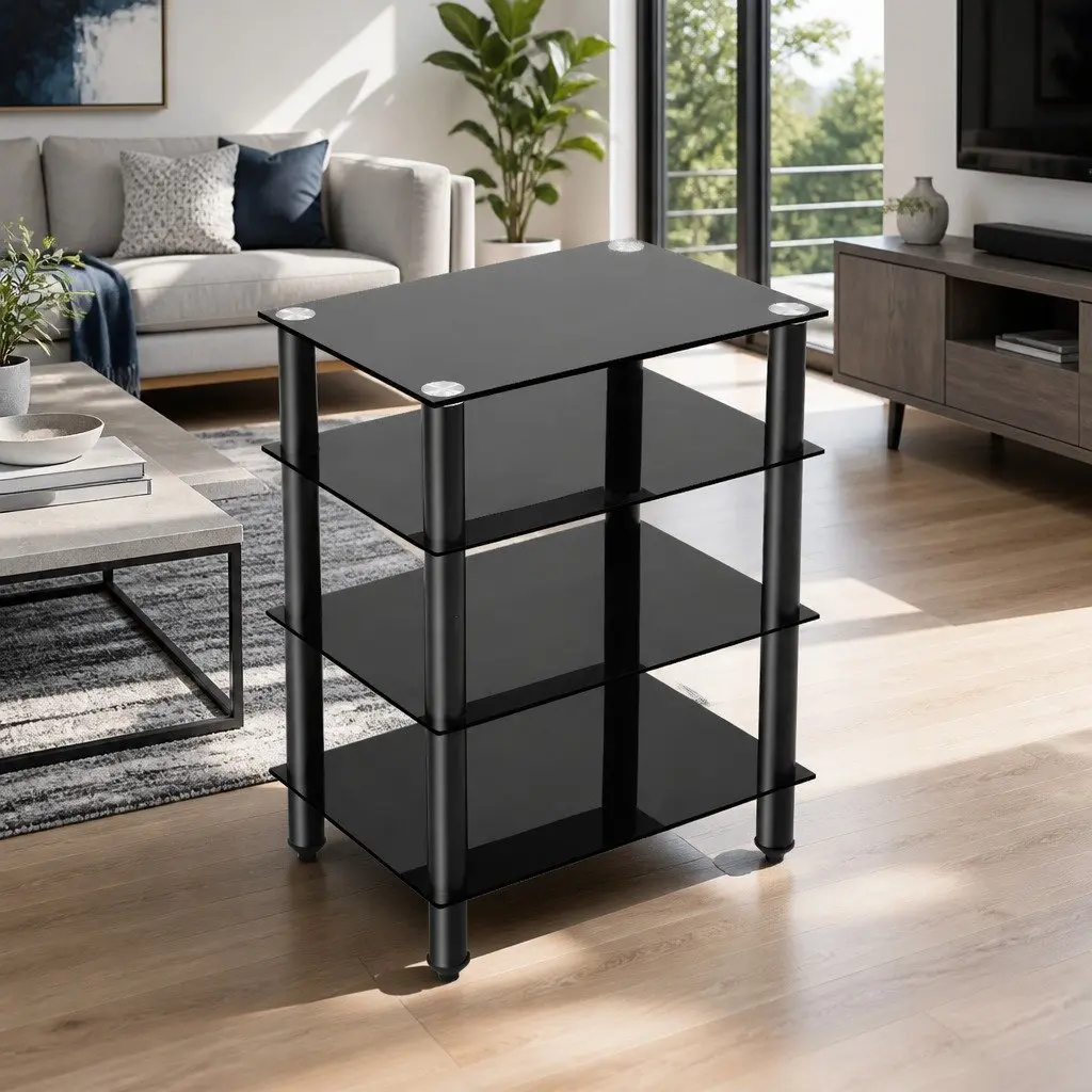 4-Tier Media Storage TV Stand with Black Glass Shelves