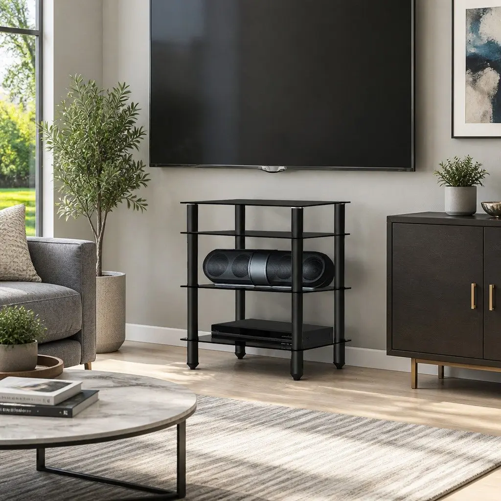 TV Stand 4 Tier Black Glass Shelves Aluminium Frame Media Storage Unit
