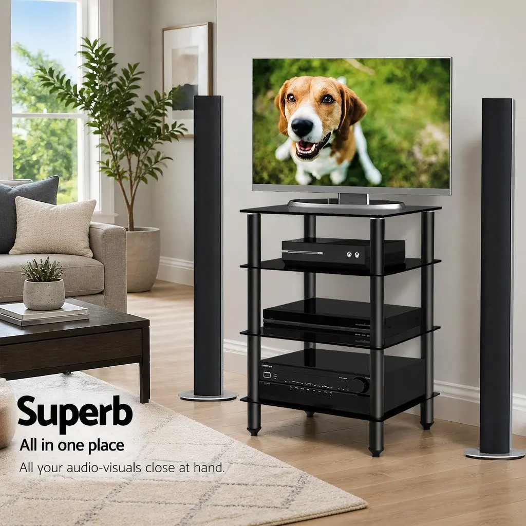 TV Stand 4 Tier Black Glass Shelves Aluminium Frame Media Storage Unit