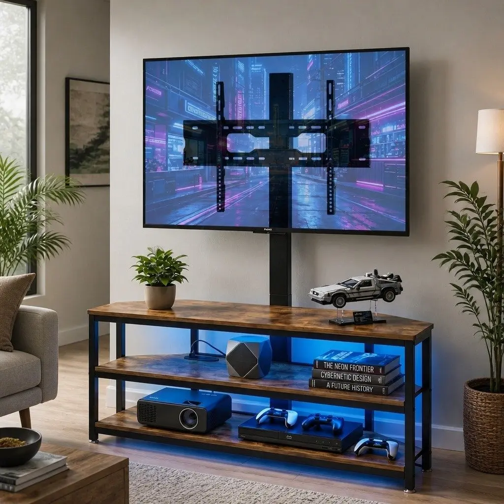 Corner TV Stand with LED Lights and Power Outlet