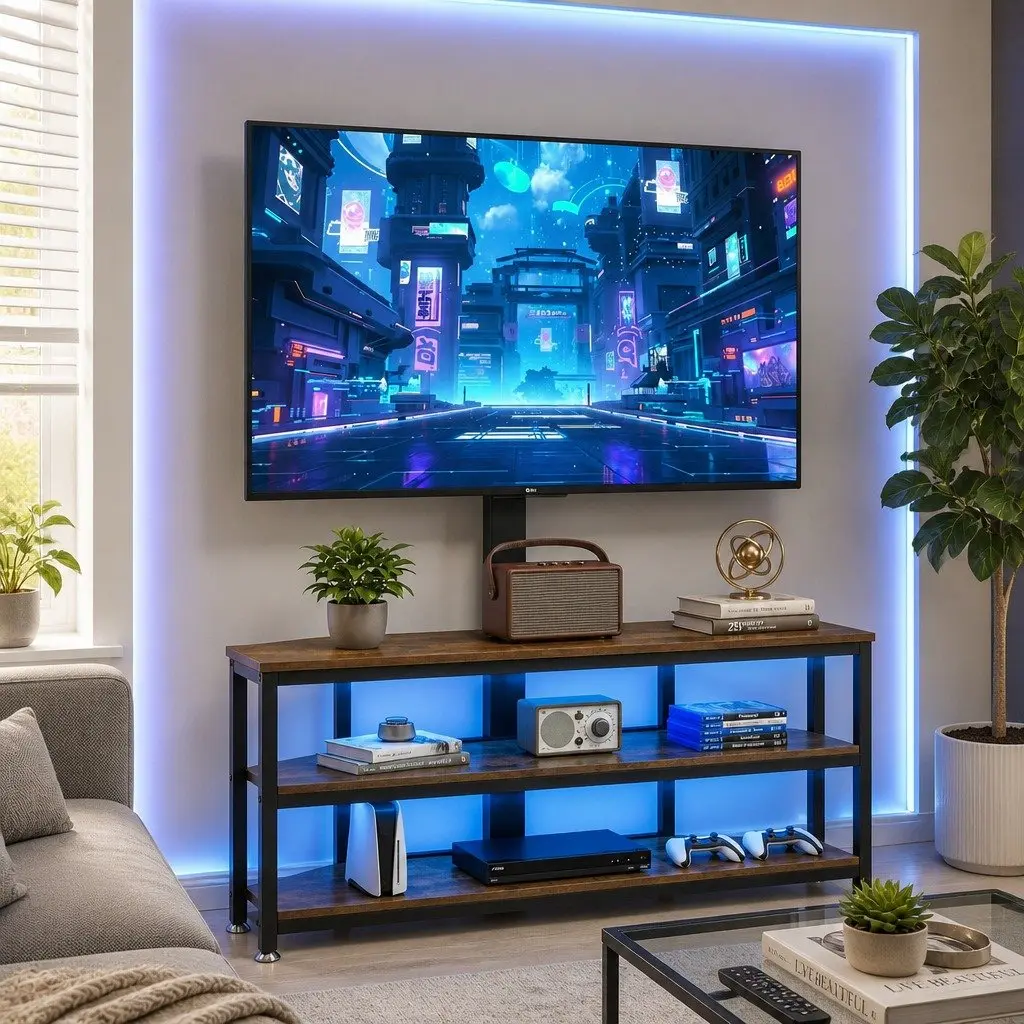 Corner TV Stand with LED Lights and Power Outlet
