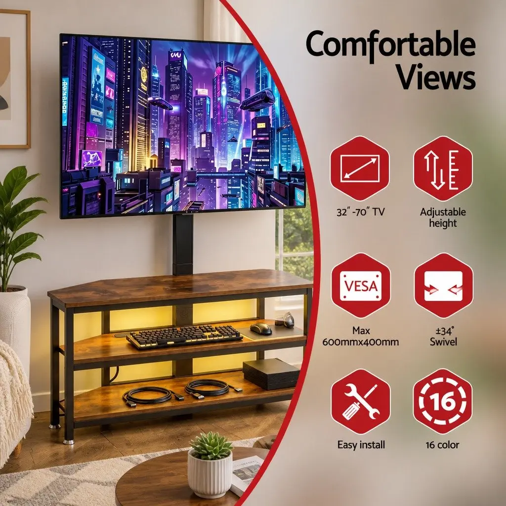 Corner TV Stand with LED Lights and Power Outlet