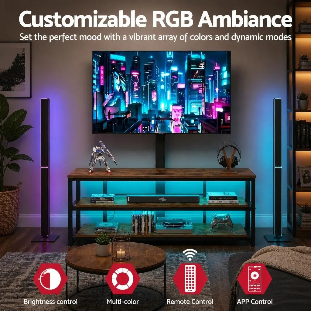 Corner TV Stand with LED Lights and Power Outlet