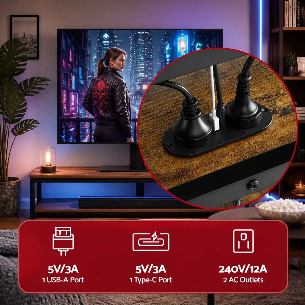 Corner TV Stand with LED Lights and Power Outlet