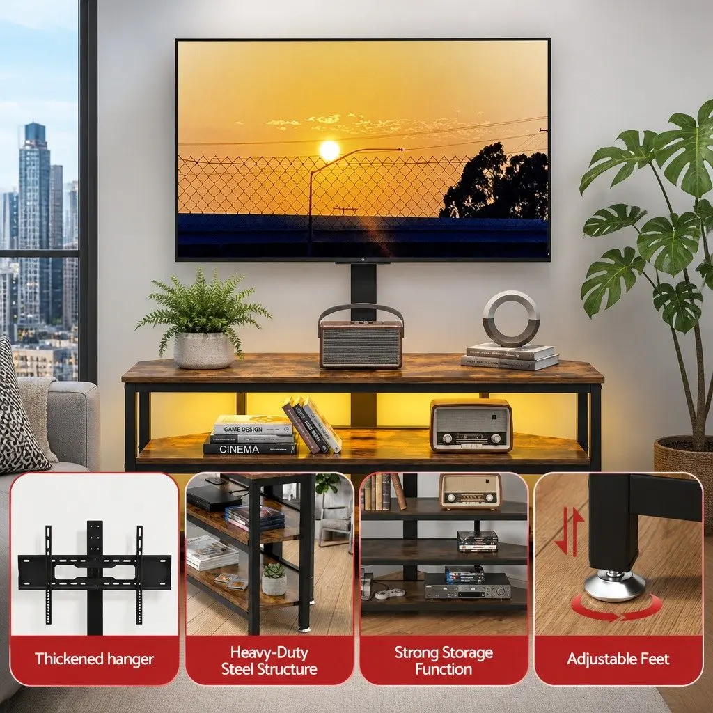 Corner TV Stand with LED Lights and Power Outlet