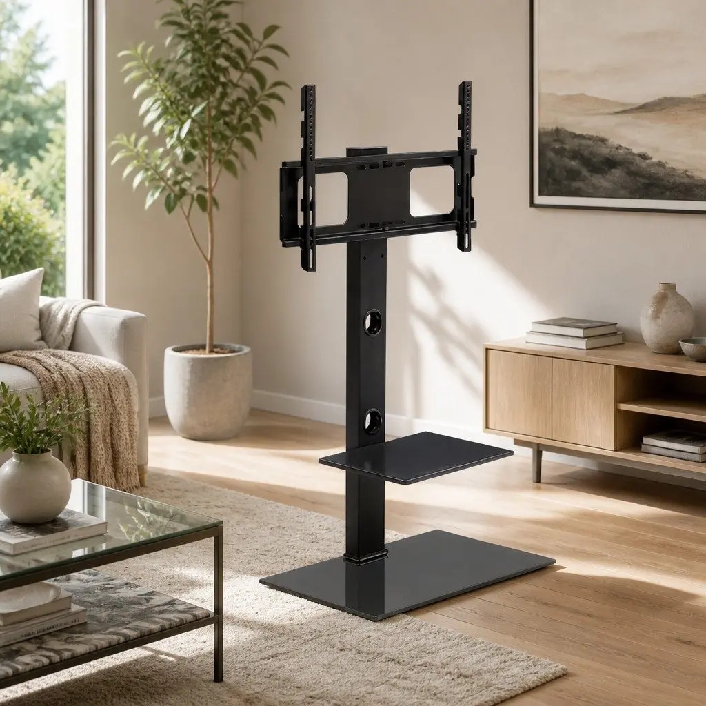 TV Floor Stand Mount Bracket Black 32 to 70 Inch LED LCD 2 Tier Storage Shelf Swivel
